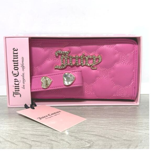 Juicy Couture Handbags - Juicy Couture Pink Heart-Quilted Bedazzled Heart Strap Wallet Zip Closure